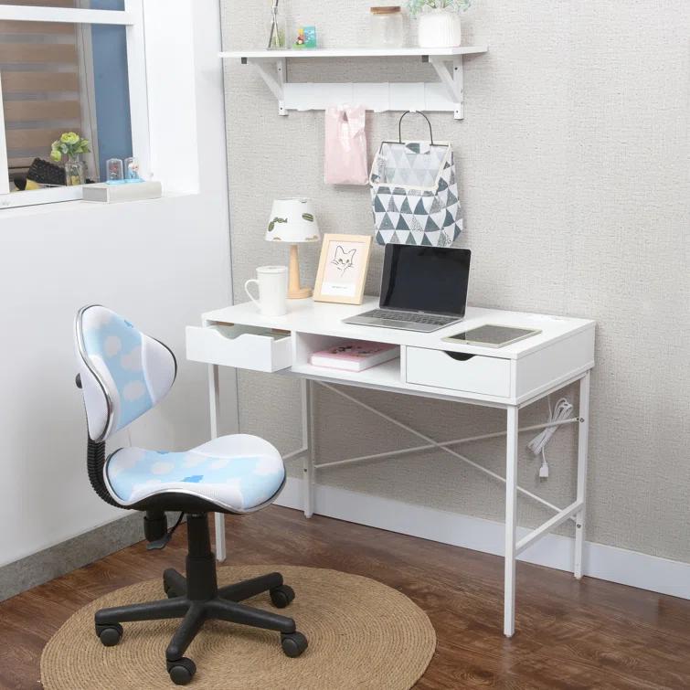 Ebern Designs Glenhill Writing Desk with Drawer - Built-In Power Outlets for Home Office