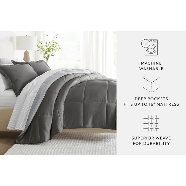 IEnjoy Home 7-Piece Reversible Bedding Bundle - Solid Comforter and Patterned Sheet Set