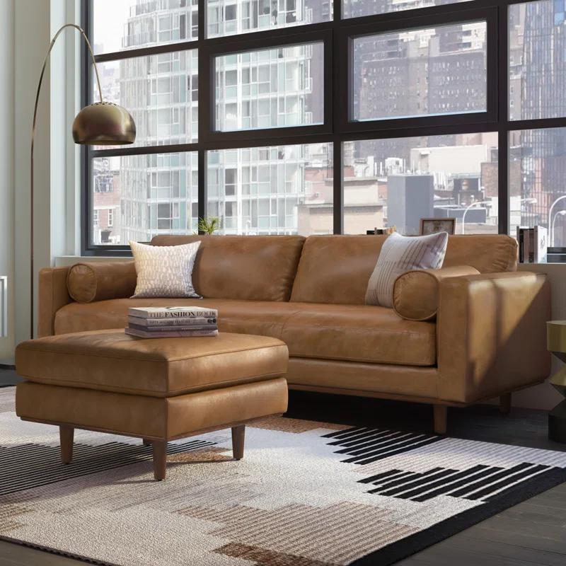 Simpli Home Morrison  Sofa and Ottoman Set in Genuine Leather