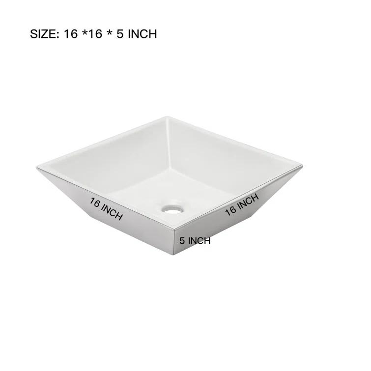 Logmey 16" L x 16" W White Ceramic Vessel Sink Square Above Counter Bathroom Sink Bathroom Vessel Sink LMP18002-1
