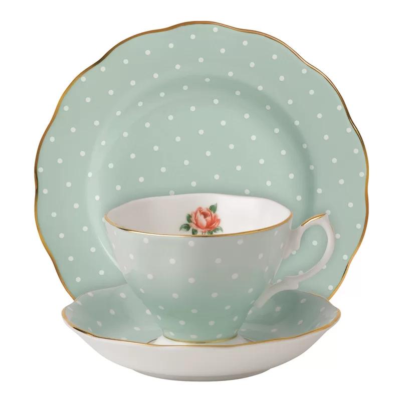 Polka Rose Floral Porcelain Teacup and Saucer Set