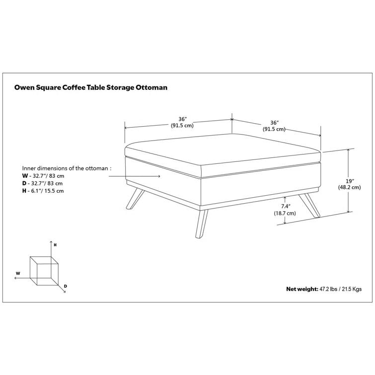 Simpli Home Owen 36"W Upholstered Square Coffee Table Storage Ottoman with Lift Top and Solid Wood Legs