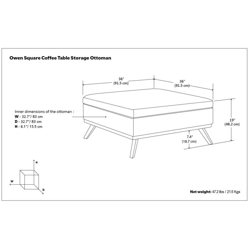 Simpli Home Owen 36"W Upholstered Square Coffee Table Storage Ottoman with Lift Top and Solid Wood Legs