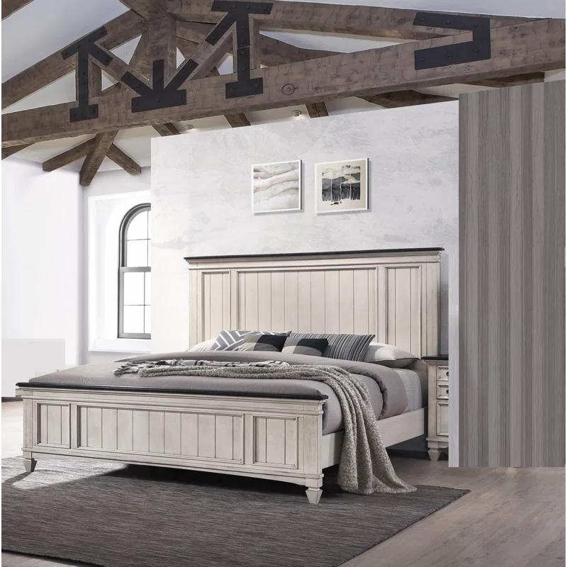 Rosalind Wheeler 1Pc Rustic Industrial Style Brown Finish Queen Size Panel Bed W Built In Bench Footboard Solid Wood Wooden Bedroom Furniture