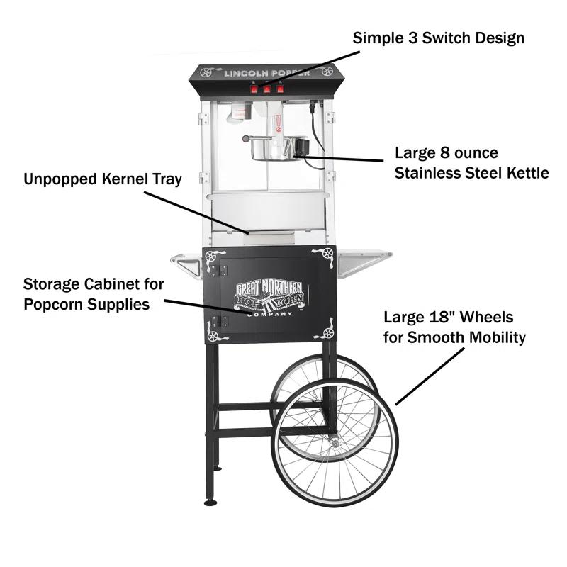 Great Northern Popcorn Lincoln Popcorn Machine with Cart - 8oz Popper with Stainless-Steel Kettle by Great Northern Popcorn