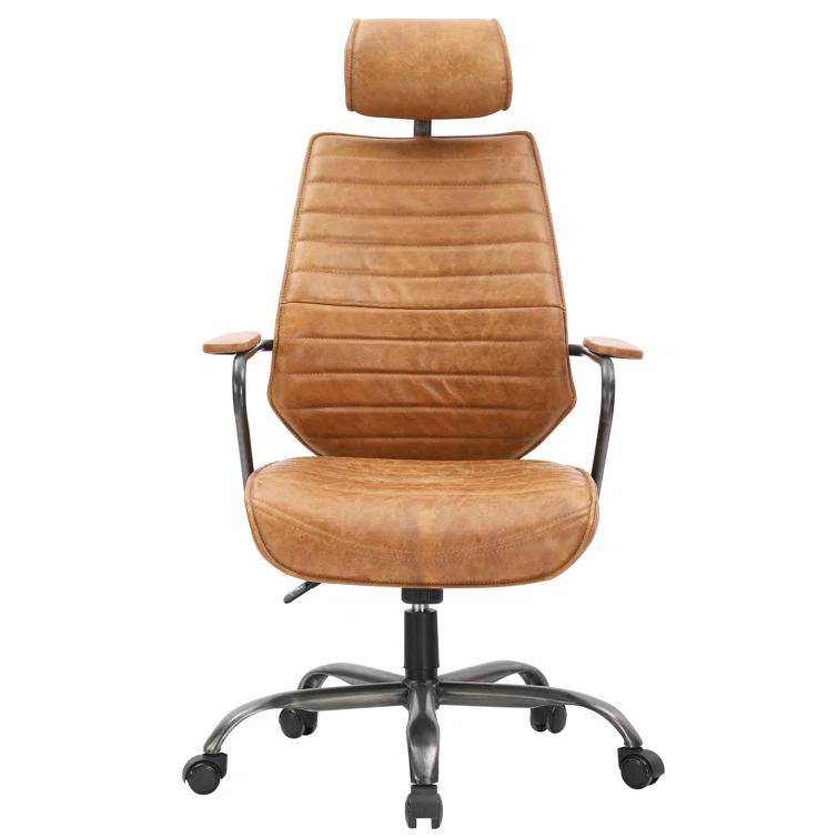 Transitional Genuine Leather Swivel Chair in Vibrant Orange