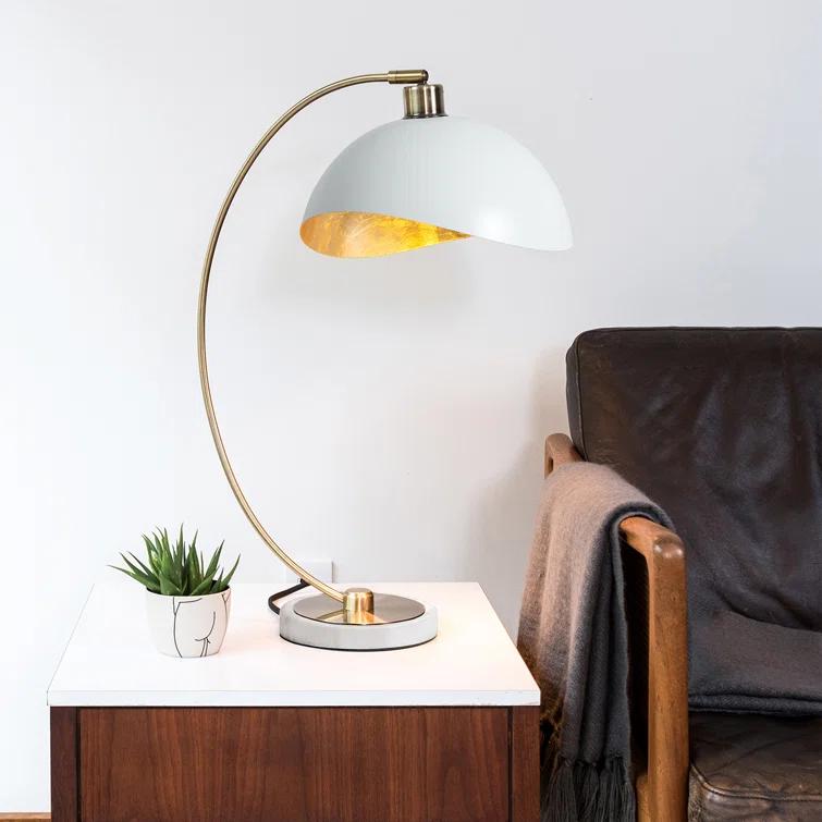 Nova of California Luna Bella Table Lamp - 28", Weathered Brass, Matte White/Gold Leaf Shade, Marble Base, Dimmer Switch | AllModern