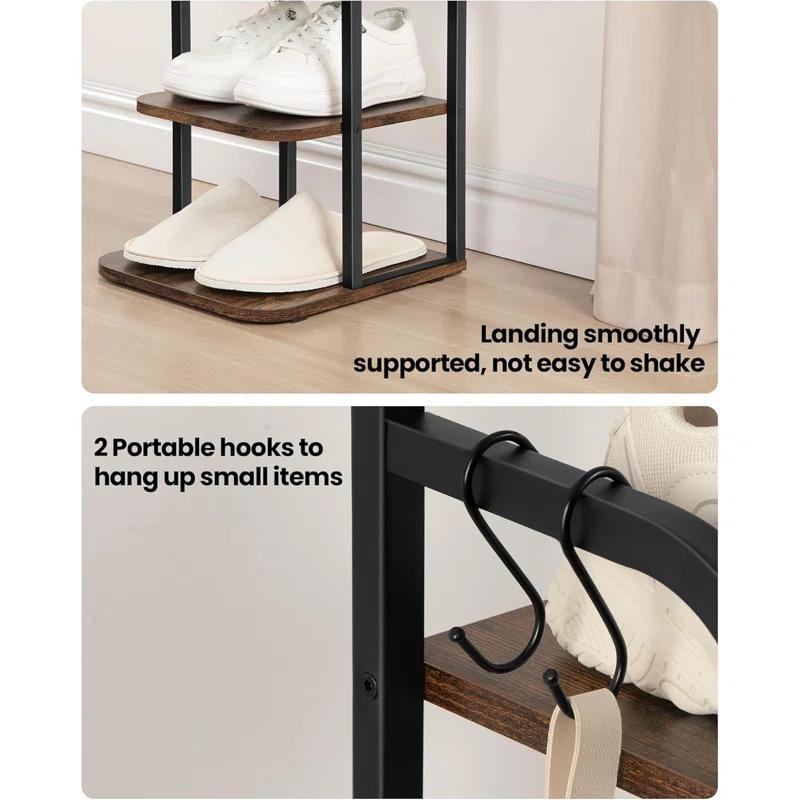 Vertical Shoe Rack, Shoe Shelves, Wood Shoe Organizer For Closet, Entryway, Shoe Tower For Small Spaces, Free Standing, Adjustable, With 2 Hooks, 6 Tier Rustic Brown