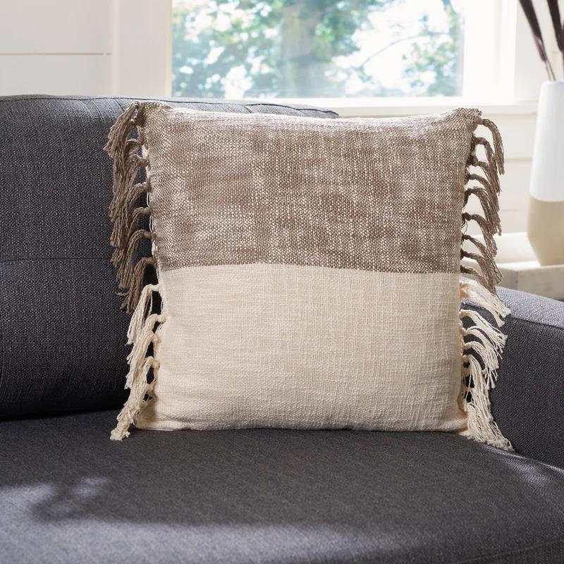 Beige and Grey Cotton Fringed Square Throw Pillow