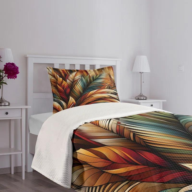 Ambesonne Aesthetic Bedspread Set Boho Rustic Bold Leaves Burnt Orange Teal and Blue