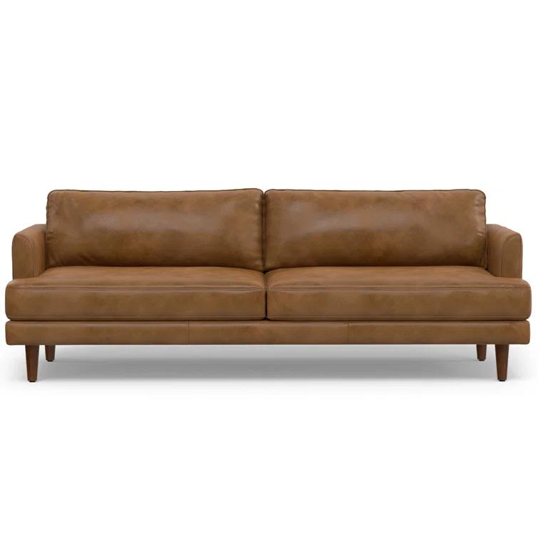 Simpli Home Livingston Top Grain Genuine Leather Mid-Century Modern Sofa With Solid Wood Frame For Living Room