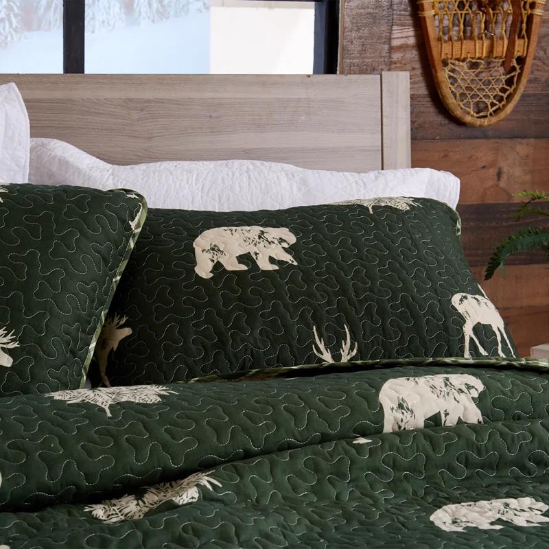 FreshFolds Forest Green Nature Quilt Set Reversible Plaid Quilt Set with Shams