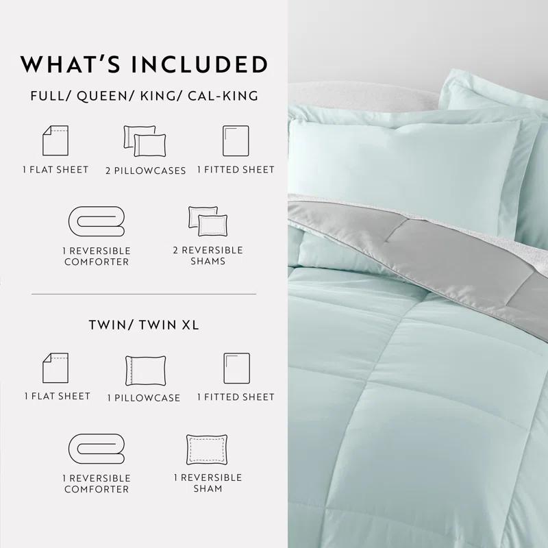 IEnjoy Home 7-Piece Reversible Bedding Bundle - Solid Comforter and Patterned Sheet Set