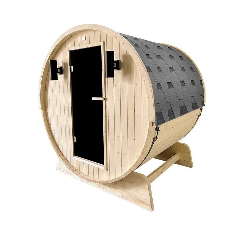 ALEKO Outdoor and Indoor White Pine Barrel Sauna - 3-4 Person - 4.5 kW UL Certified Heater - Bitumen Shingle Roofing