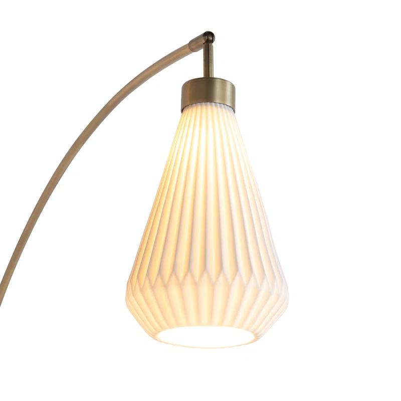 Nova of California Concord Bone Porcelain Shade 3 Light Arc Floor Lamp - 85", Weathered Brass & Walnut, Dimmer Switch