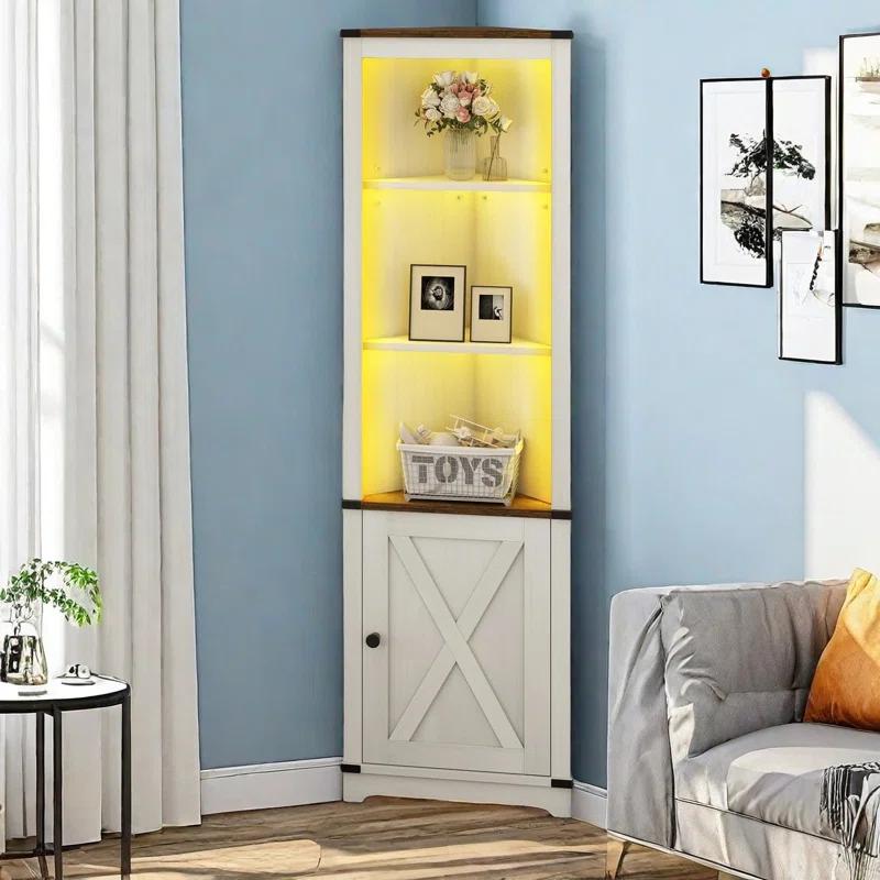 Gracie Oaks Aspenn 67" H Corner Bookcase with LED Light, Corner Storage Cabinet with Adjustable Shelf