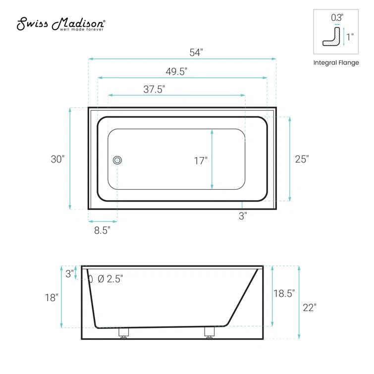 Swiss Madison Voltaire 54" x 30" Alcove Bathtub with Apron SM-AB557