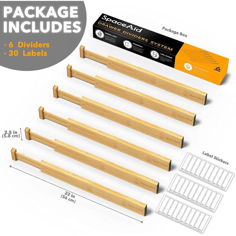 SpaceAid Adjustable Bamboo Drawer Dividers with Labels – Expandable Organizers for Kitchen, Office, Dresser, and Bathroom