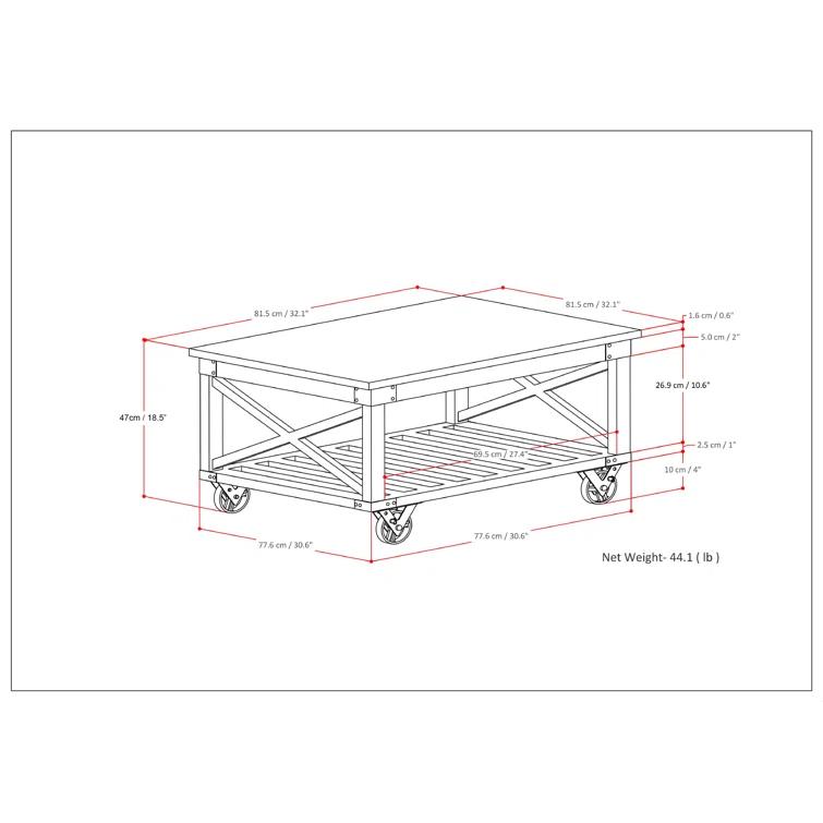 Simpli Home Harding 32"W Solid Mango Wood Industrial Square Coffee Table with Metal Accents, Open Shelf, and Iron Wheels