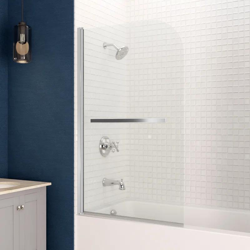 Myth 28 in. W x 56 in. H Hinged Frameless Tub Door with Tsunami Guard Technology