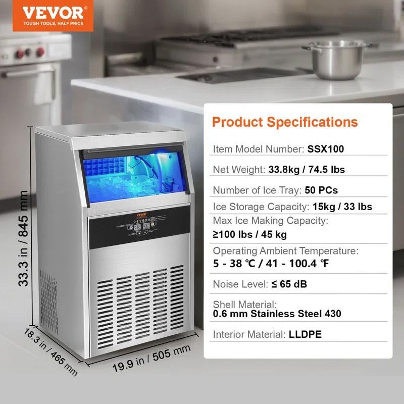 VEVOR VEVOR 100 Lb. Daily Production Cube Clear Ice Freestanding Ice Maker