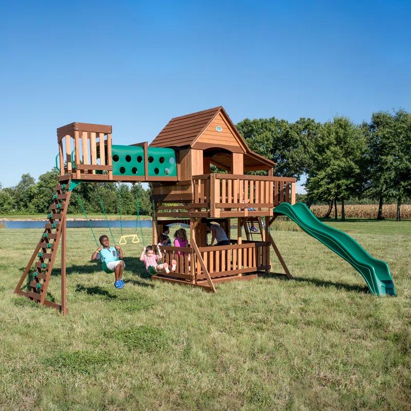 Backyard Discovery Backyard Discovery Woodridge Elite Cedar Wood Swing Set with Wave Slide, Clubhouse, Crawl Tunnel, and Crow's Nest