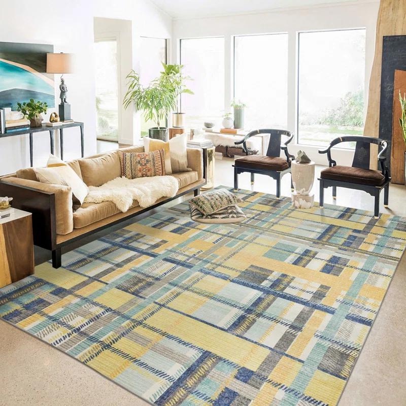 NELE Machine Washable Modern Lattice Area Rug Yellow/Blue Multi