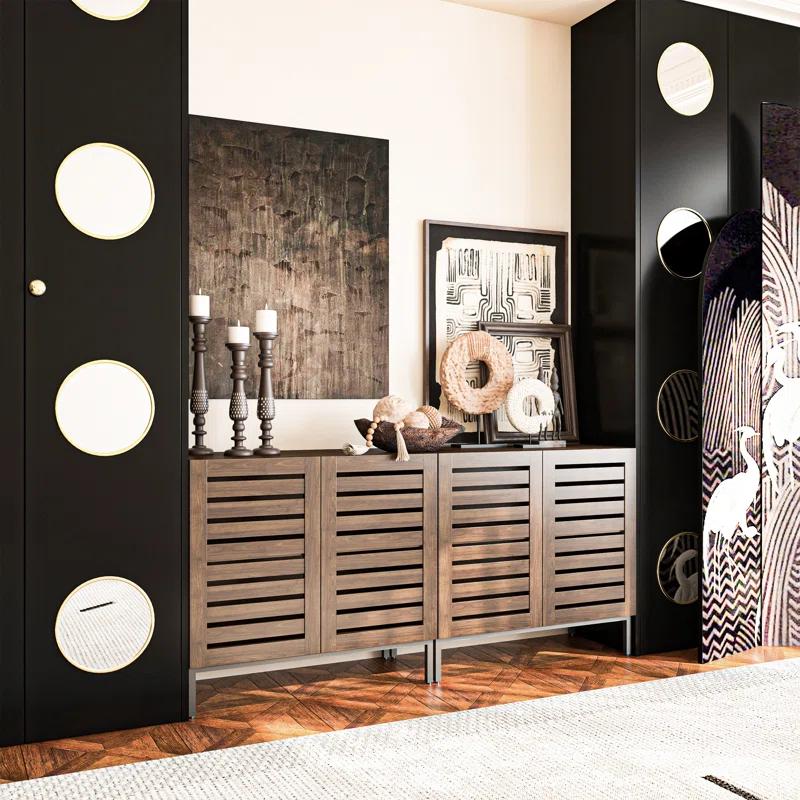 HOMEIBRO Farmhouse 61 in. W Sideboard Buffet Accent Storage Cabinet with Strip Skeleton Door and Adjustable shelves(set of 2)