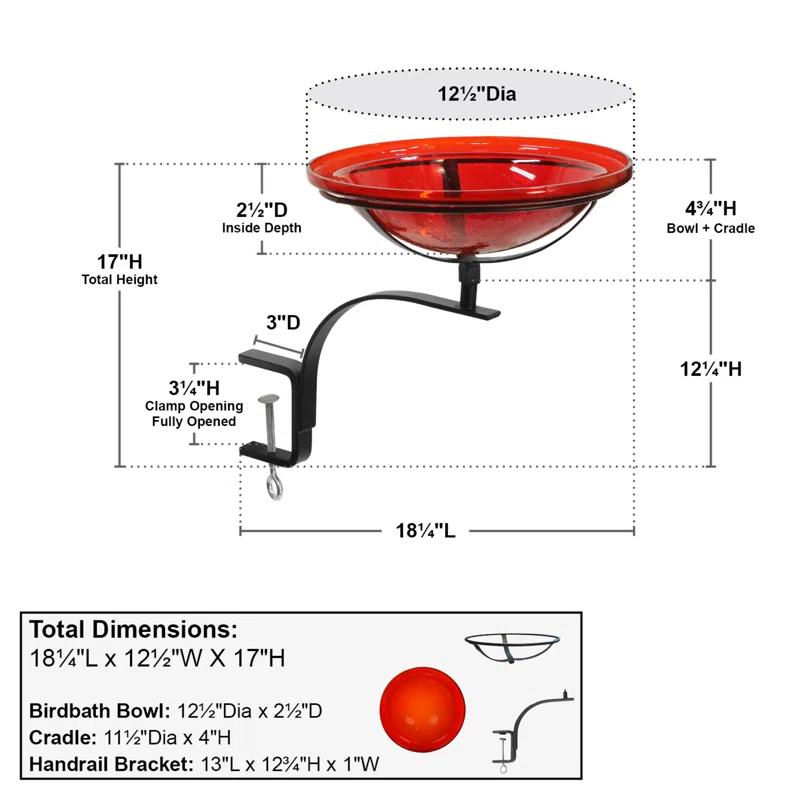 Union Rustic 12 Inch Crackle Birdbath with Rail Mount Bracket