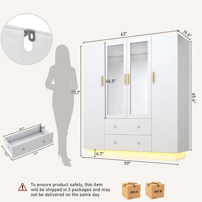 Armoire Wardrobe Closet With Mirror & Led Light, 4 Door Wooden Storage Cabinet With Drawers, Spacious Armoire With Hanging Rod & Adjustable Shelves