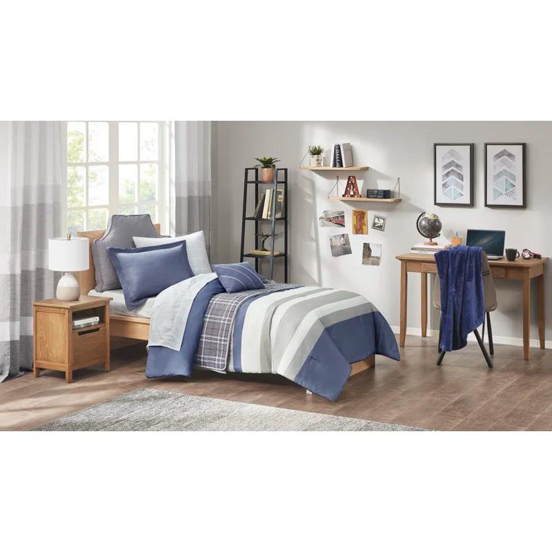 Marsden Blue/Gray Microfiber Striped Comforter Set with Bed Sheets