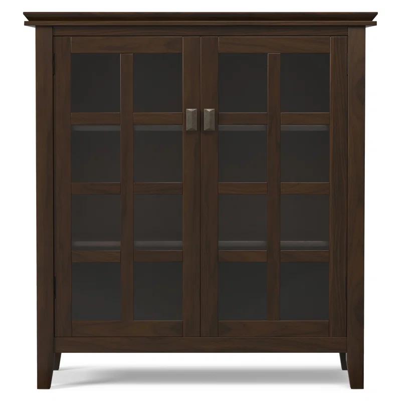 Simpli Home Artisan 38"W Solid Wood 4-Shelf Medium Storage Cabinet with Glass Doors and Adjustable Shelves