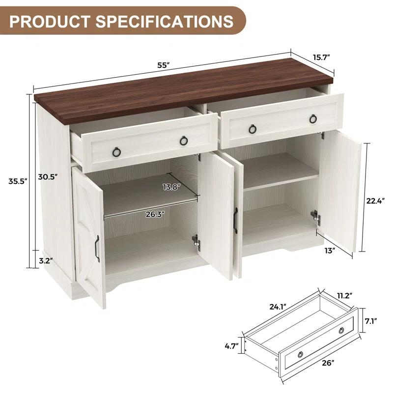 Farmhouse 55" Buffet Sideboard Cabinet With Storage, Coffee Bar Cabinet With 2 Drawers
