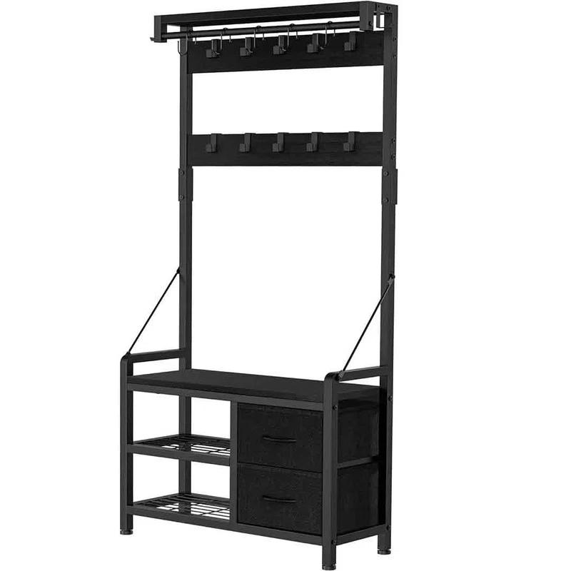 Hall Tree, 31” Entryway Bench with Coat Rack freestanding, 5 in 1 Intelligent Design Shoe Bench