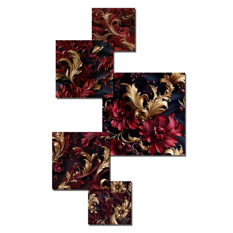 Design Art Opulent Baroque Scrolls Victorian Pattern - Damask Wall Decor Set Of 5