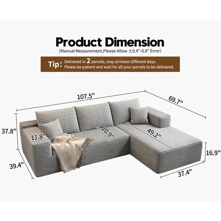Mercer41 107.5"Cloud Modular Sectional Sofa Couch with L-Shape Chaise,Modern Minimalist Upholstered Couches for Living Room Bedroom,Deep Seat Corner Couch,No Assembly Required