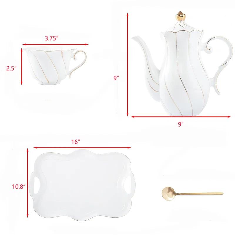 Red Barrel Studio® 14 Pcs Tea Set For 6 With Tea Tray & Spoons, Luxury British Style Tea/Coffee Cup Set With Golden Trim, Beautiful Porcelain Tea Set For Living Room Decor, Tea Party Set, Gift Package - White