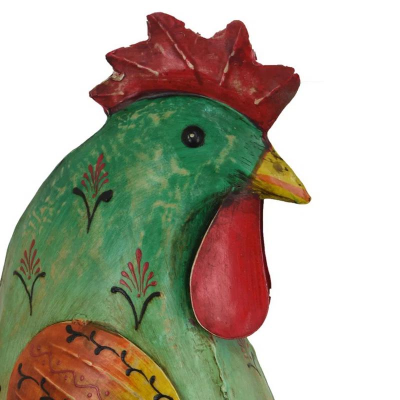 Benjara Rookie Painted Rooster, Garden Decor, Green Red Yellow Metal, 26 Inch