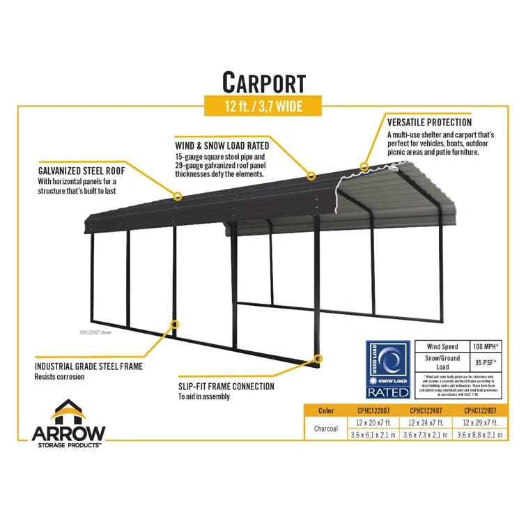 Arrow Steel Carport, Galvanized Black/Charcoal