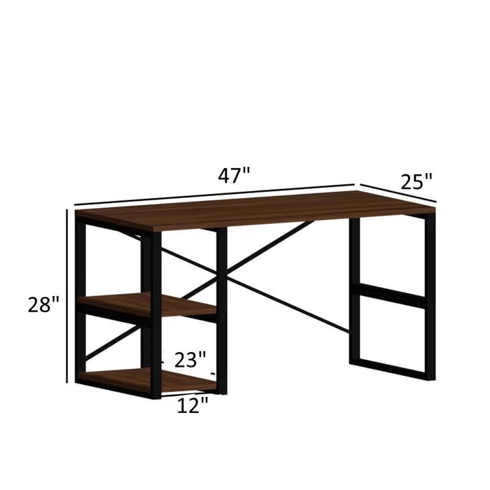 Sage Black Metal Frame 47" Wooden Top 2 Shelves Writing and Computer Desk for Home Office, Walnut