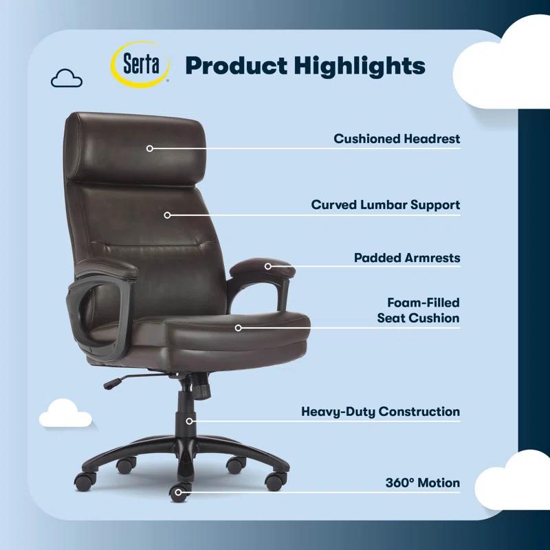 Serta Serta Comfort Executive Big & Tall Office Chair, Ergonomic High-Back, Semi Plush Seat, Padded Arms
