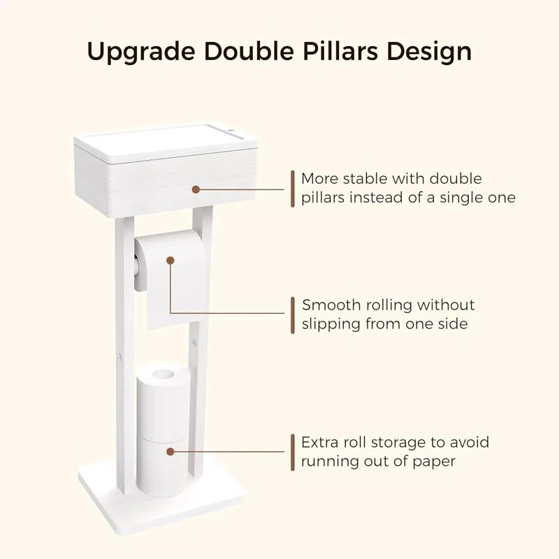 Hokku Designs 4-In-1 Bamboo Toilet Paper Holder Stand With Storage Shelf, Free Standing Toilet Tissue Roll Organizer, 360° Rotating Lid, Extra Storage For Bathroom Essentials