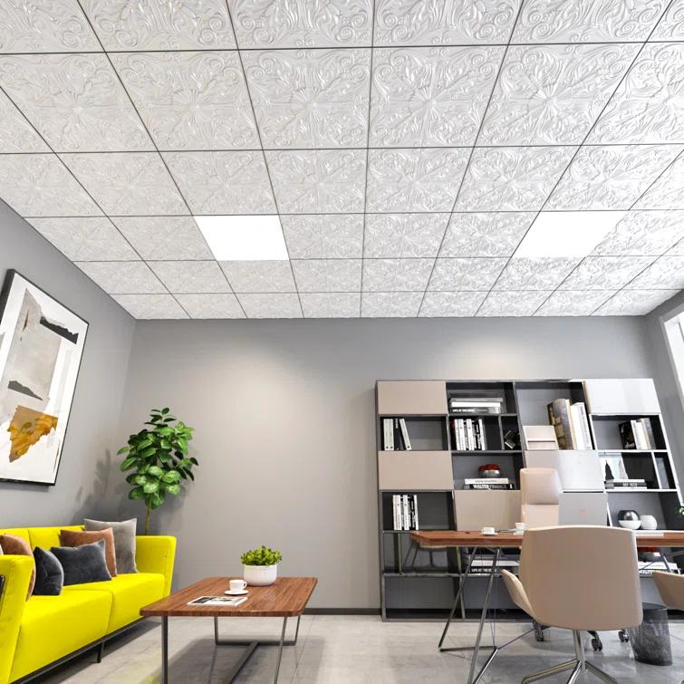 Art3d Art3d Decorative Ceiling Tile 2x2 Glue up, Lay in Ceiling Tile 24x24 Pack of 12pcs Spanish Floral in Matt White