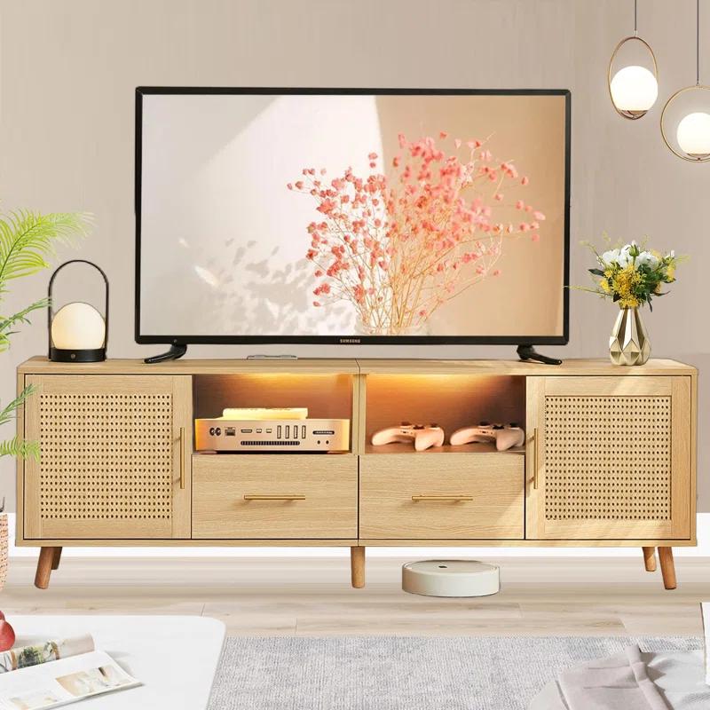 Bay Isle Home™ Heyer Large Wood Rattan TV Stand for TVs up to 75" with LED Light and Charging Station, Coastal Media Console Table, Multimedia Storage Furniture with 2 Drawers, Lighting TV Cabinet  & Reviews | Wayfair