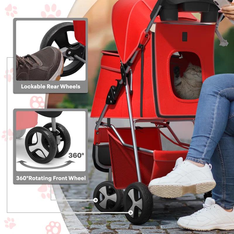 ATCHISON Foldable Pet Stroller, 3 Wheels Folding Carrier Jogger Stroller for Dogs Cats with Canopy and Basket