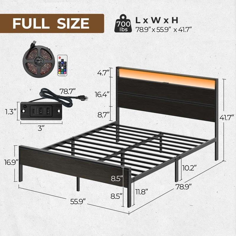Ivy Bronx Deviana Metal Bed Frame with Headboard & Footboard and Charging Station, LED Light Included