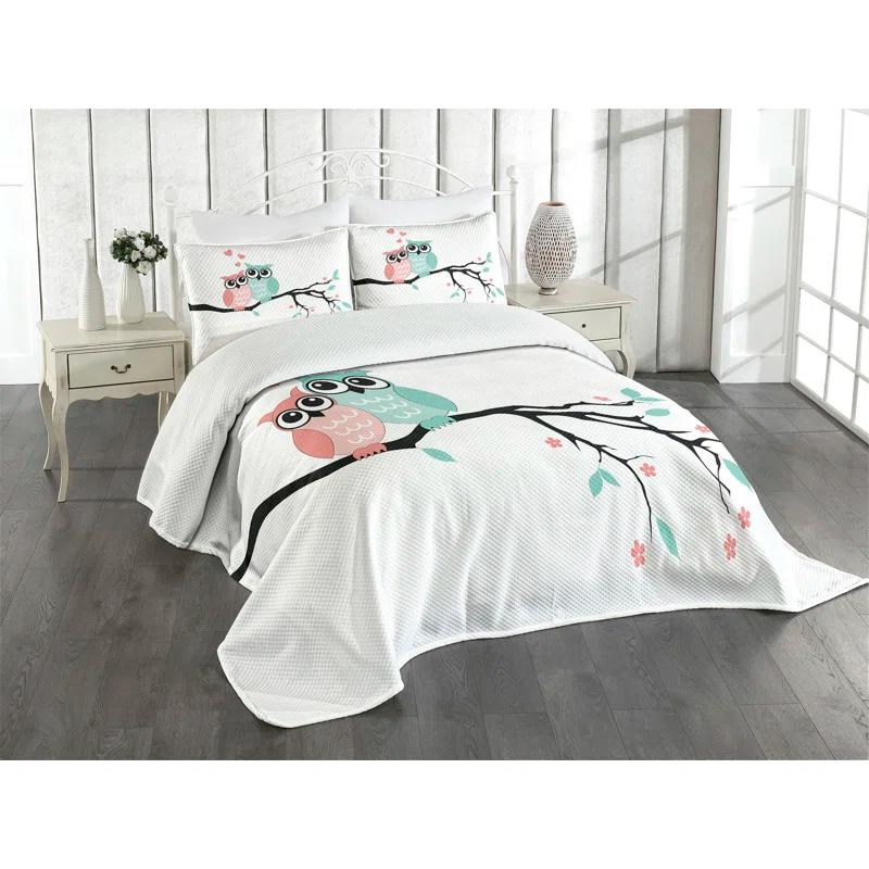 Ambesonne Ambesonne Teal and White Bedspread Set Owl Couple Turquoise Coral Black