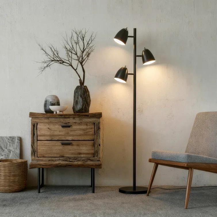 Brightech Jacob 64" Modern 3-Light Adjustable LED Floor Lamp with Black Finish and Metal Cone Shades, Bulbs Included