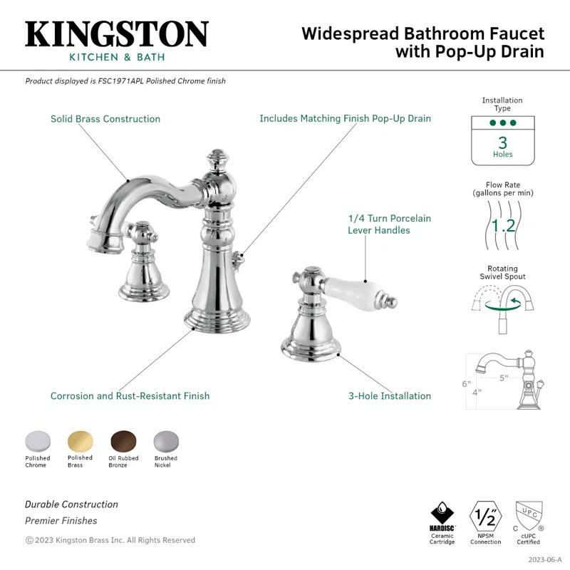 Kingston Brass American Patriot Two-Handle 3-Hole Deck Mount Widespread Bathroom Faucet with Pop-Up Drain