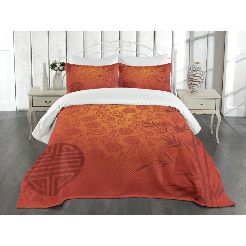 Ambesonne Chinese Bedspread Set Traditional Nature Art Pale Orange Burgundy